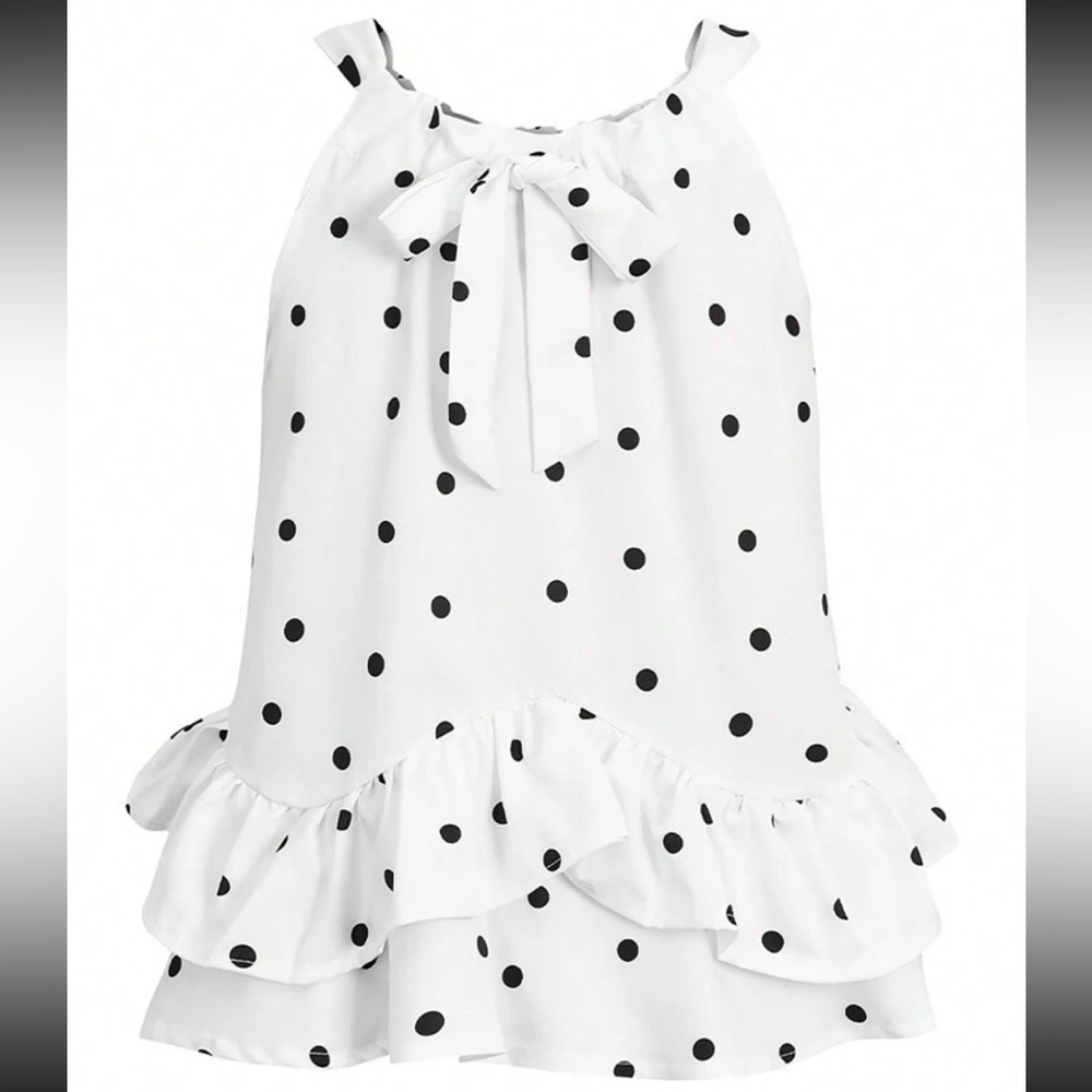 White Black Polka Dot Halter Top Blouse Shirt - Picture 2 of 3